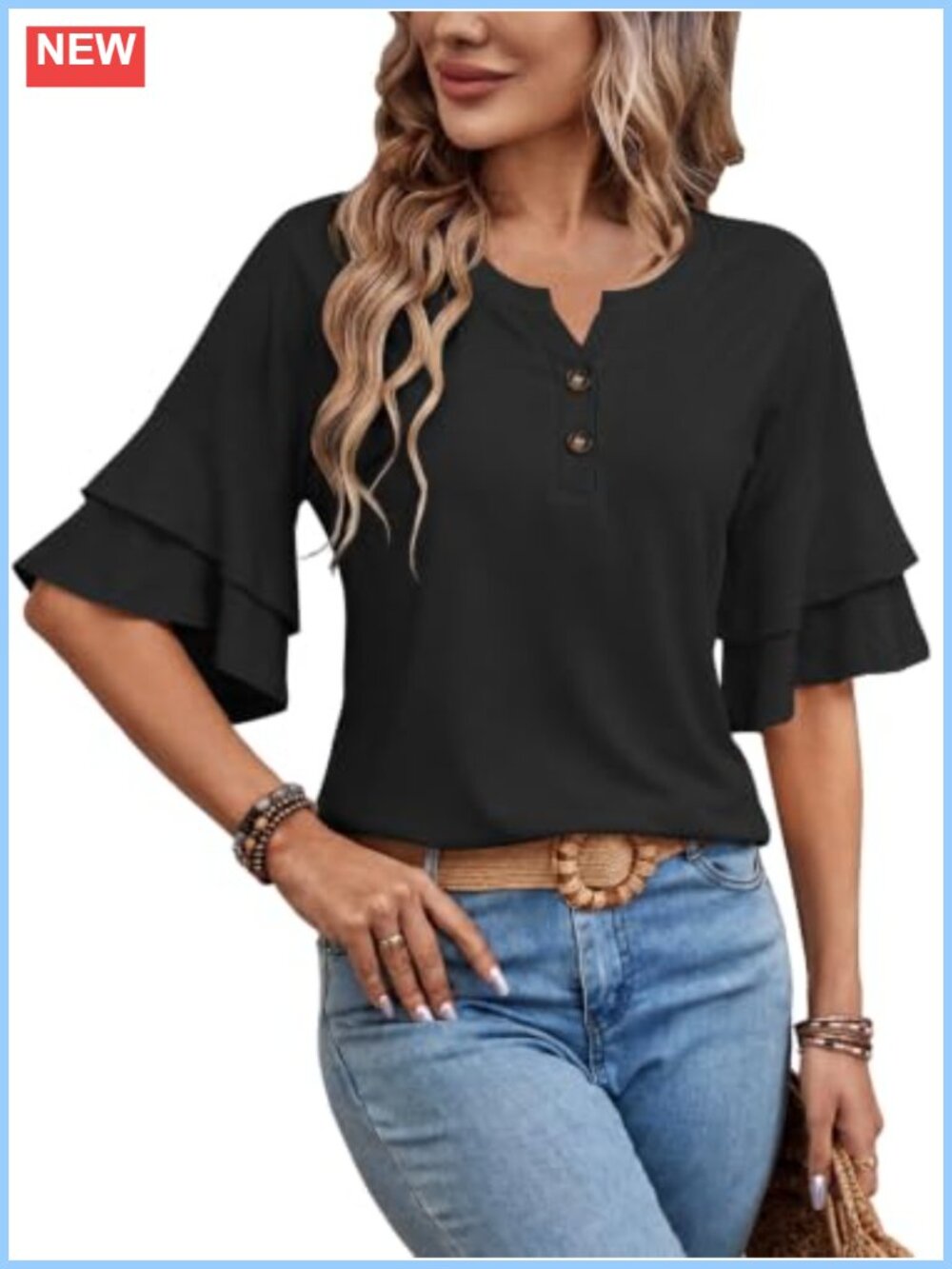 Womens V Neck Henley Blouse Ruffle Bell Sleeve Tunic Top